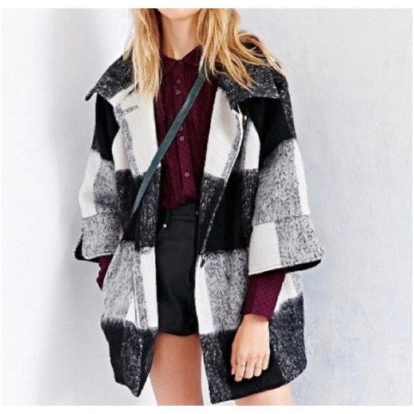COOPERATIVE Anthropologie Black Cream Check Plaid Jacket FuzzyWool Coat Small - Picture 1 of 16